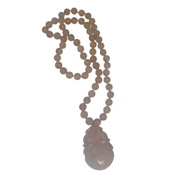 Antique Chinese Curved Pink Rose Quartz Plum Pendant Bead Necklace - Picture 9 of 9